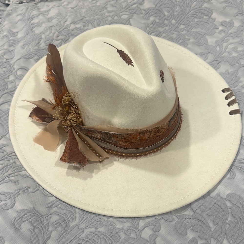 Custom Cream and Brown Feathered rancher hat